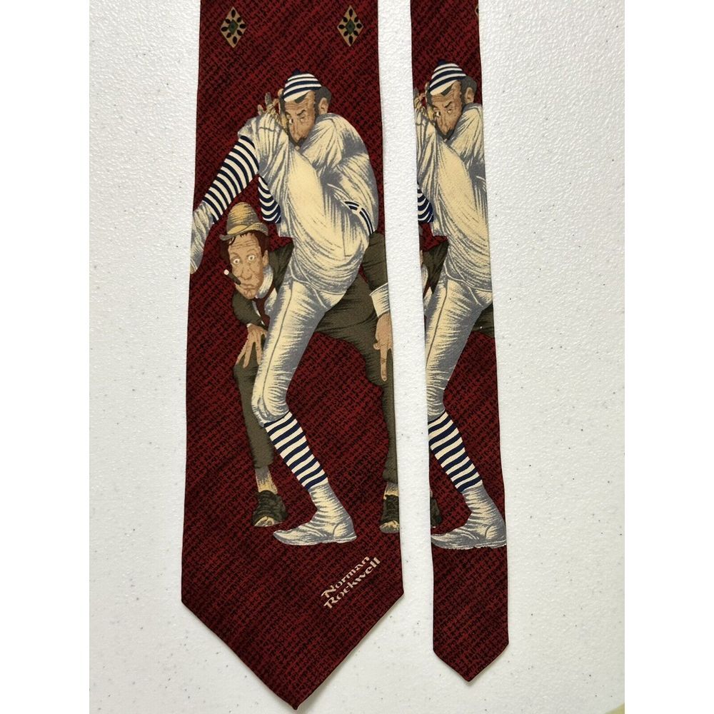 Norman‎ Rockwell The Umpire Baseball Necktie All Silk Burgundy Vintage OS
